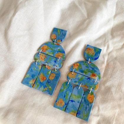 Polymer Clay Earrings | Summer - Orange On Blue..