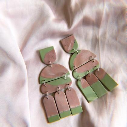 Polymer Clay Earrings, Summer - Mauve On Olive..