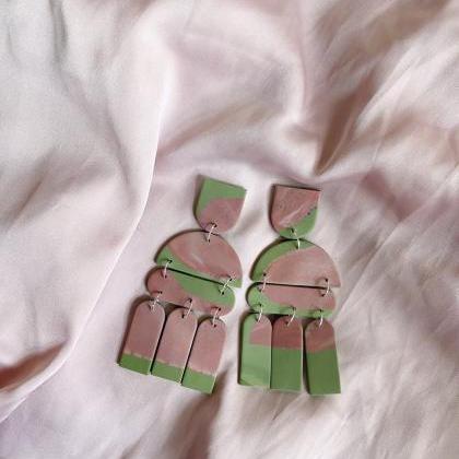 Polymer Clay Earrings, Summer - Mauve On Olive..
