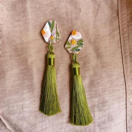 Polymer Clay Earrings, Sunshine Blooms - Green..