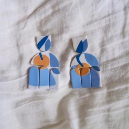Santorini - Oranges On Blue Polymer Clay Earrings
