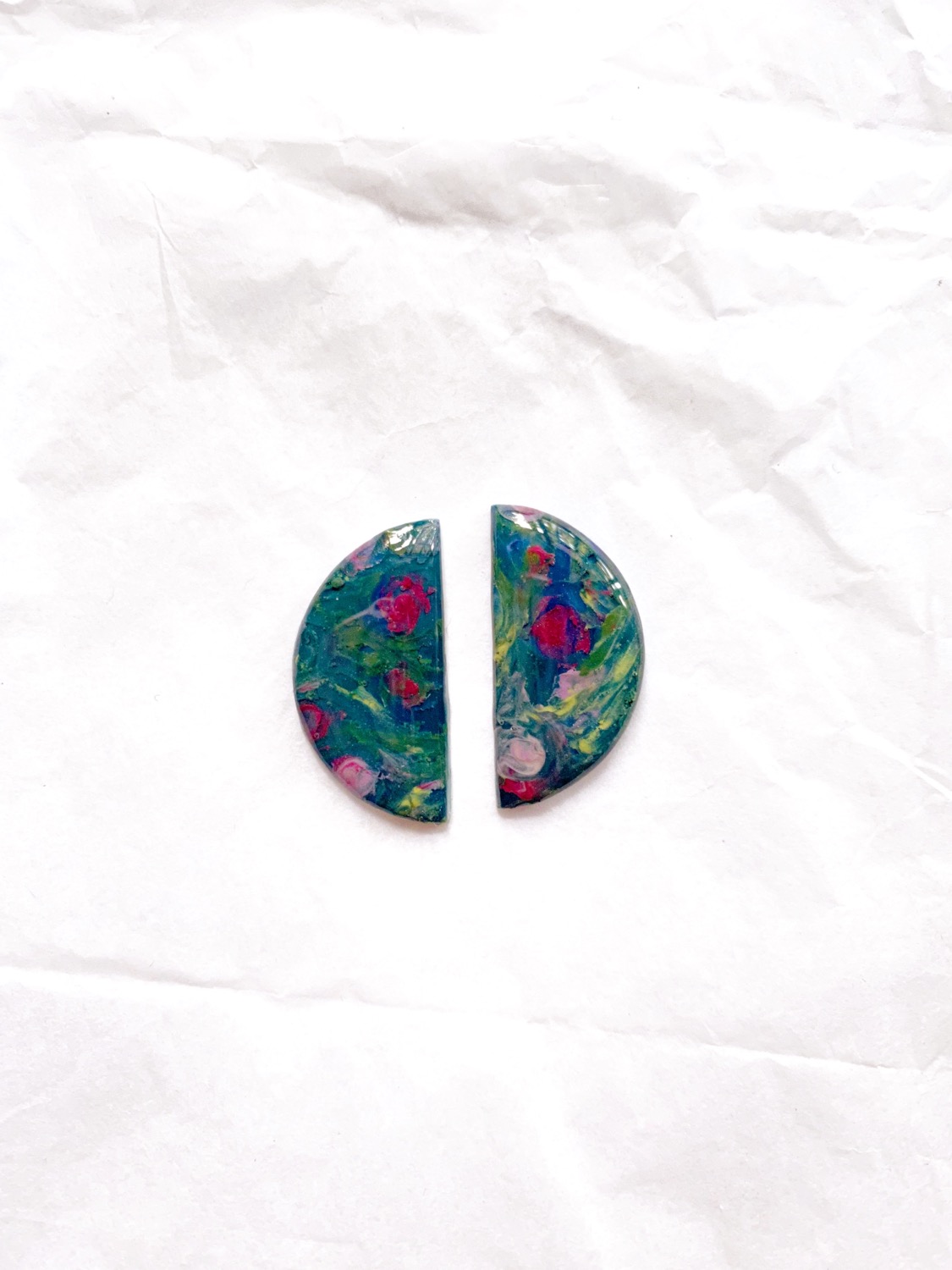 Rose Garden - Half Moon Studs, Polymer Clay Earrings