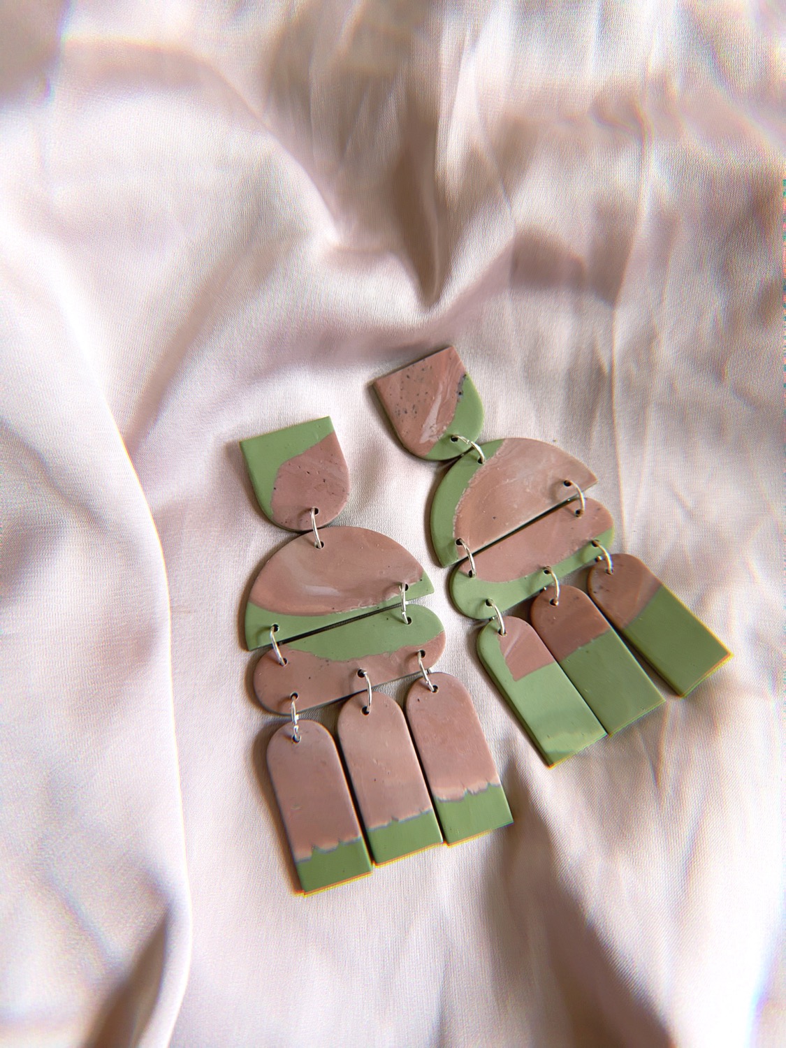 Polymer Clay Earrings, Summer - Mauve On Olive Statement Earrings