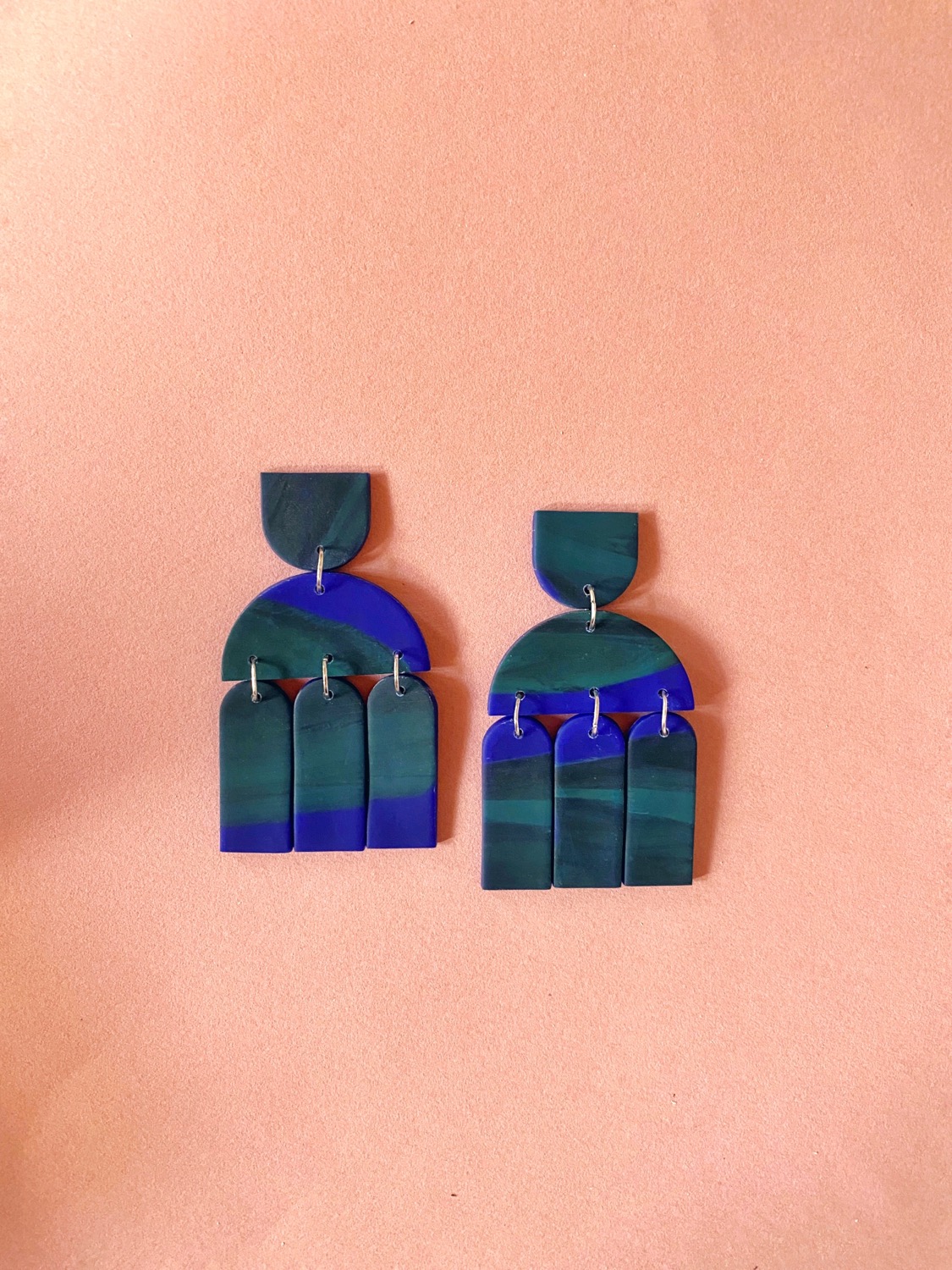 Polymer Clay Earrings, Santorini - Dark Blue Green Statement Earrings