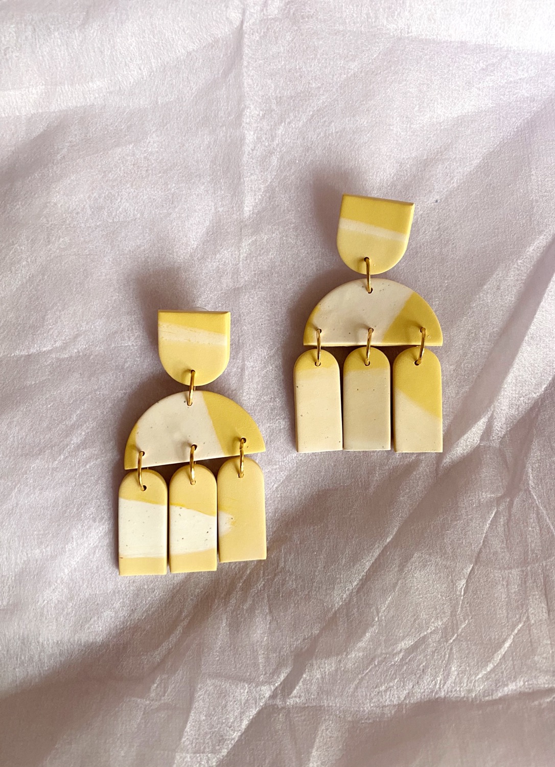 Polymer Clay Earrings, Santorini - Yellow/ White Marble Statement Earrings