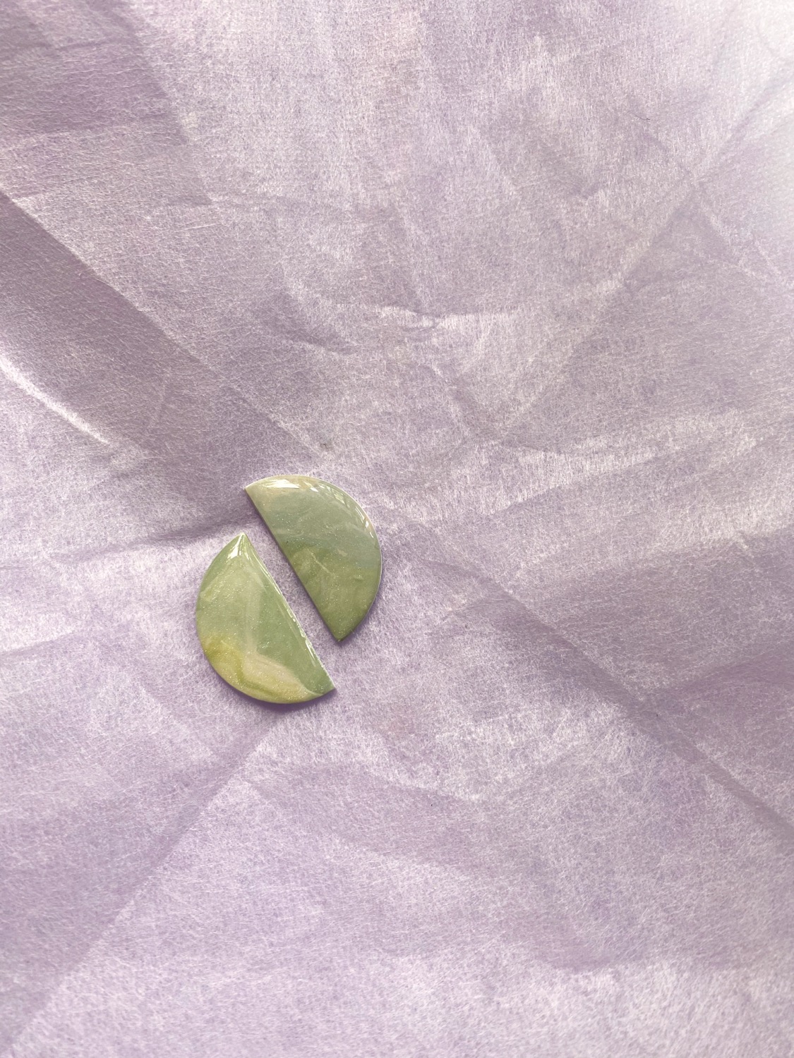 Polymer Clay Earrings, Coated Marble (jade Marble) - Half Moon Studs