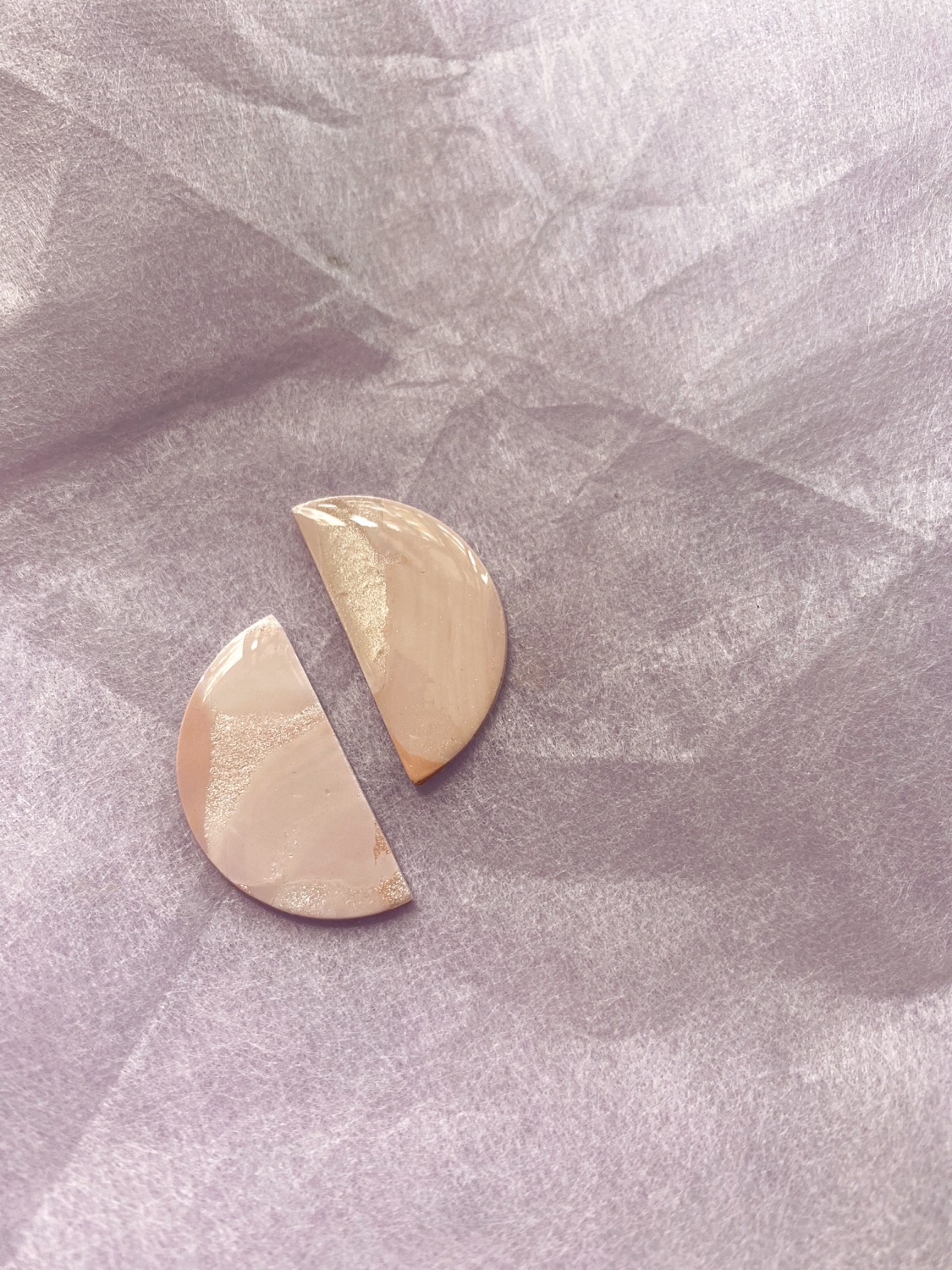 Polymer Clay Studs, Coated Marble (rose Marble) - Half Moon Studs