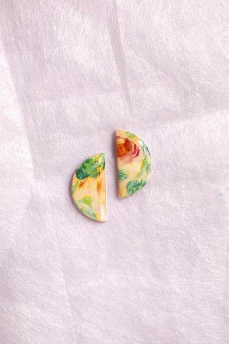 Painted Garden - Mini Half Moon Studs, Polymer Clay Earrings