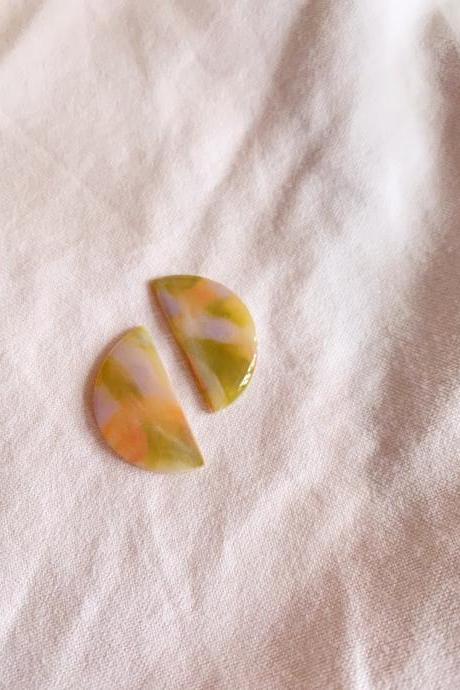 Peach Garden - Half Moon Studs, Polymer Clay Earrings