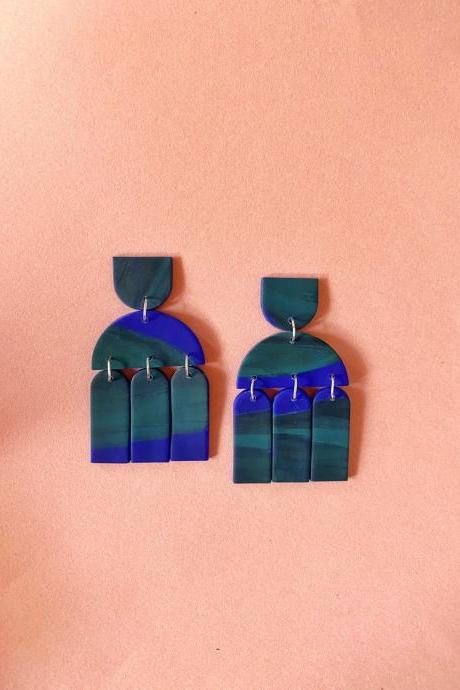 Polymer Clay Earrings, Santorini - Dark blue green statement earrings