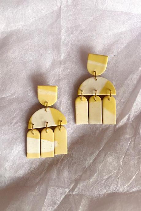 Polymer Clay Earrings, Santorini - Yellow/ White marble statement earrings