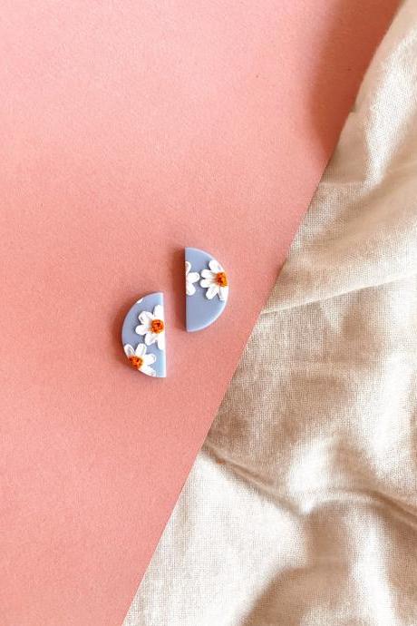 Daisies - Mini half moon polymer clay studs, polymer clay earrings 