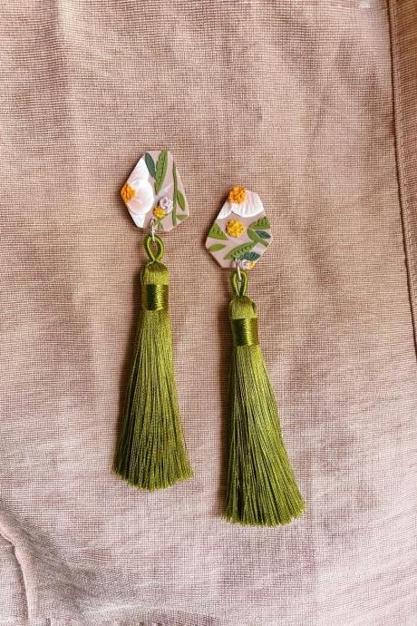 Polymer Clay Earrings, Sunshine Blooms - Green tassels earrings