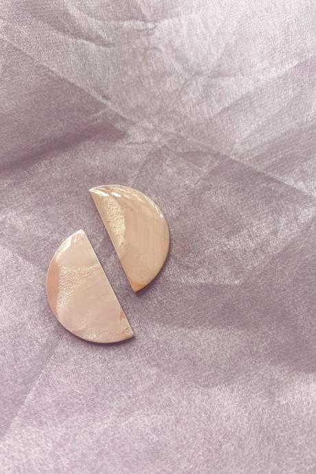 Polymer Clay Studs, Coated Marble (rose Marble) - Half Moon Studs